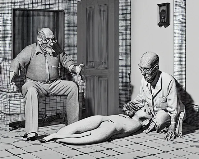 Prompt: the famous snake oil salesman Uncle Aloysius curing a patient of the pink wojacity, painting by Grant Wood, 3D rendering by Beeple, sketch by R. Crumb