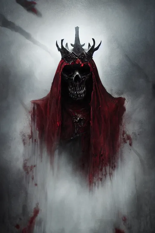 Image similar to the ghost - spirit of the grim - cryer wears the scarlet skull armor and blood crown, midnight fog - mist!, dark oil painting colors, realism, cinematic lighting, various refining methods, micro macro autofocus, ultra definition, award winning photo