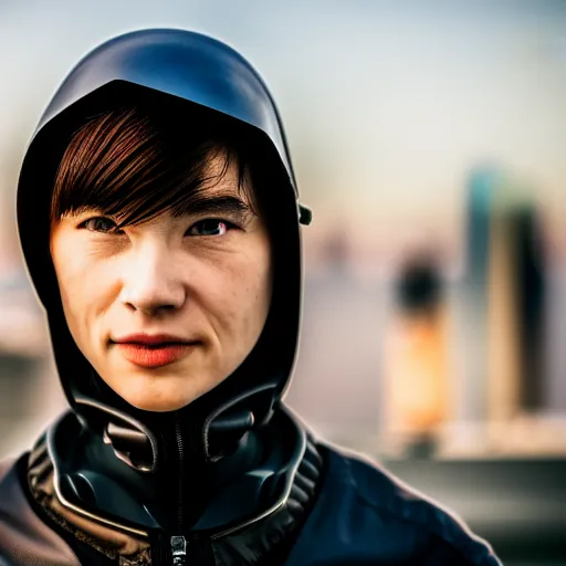 Image similar to photographic portrait of a techwear woman, closeup, on the rooftop of a futuristic city, sigma 85mm f/1.4, 4k, depth of field, high resolution, 4k, 8k, hd, full color