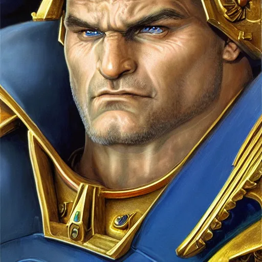 Image similar to Roboute Guilliman Primarch of the Ultramarines, closeup portrait art by Donato Giancola and James Gurney, digital art, trending on artstation