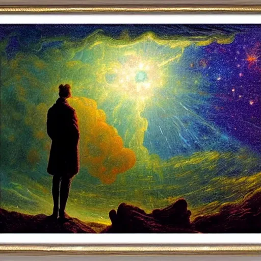 Image similar to an impasto oil painting of a futuristic wanderer gazing into a universe full of mystical colorful light nebulae and galaxie spainted by caspar david friedrich, pastel color scheme