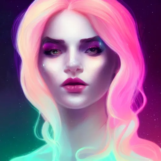 Image similar to portrait of a woman inspired by lois van baarle, charlie bowater, illustration, iridescent, iridescent hair, face, hair styles, light makeup, glitter, self confidence, cinematic 8 k