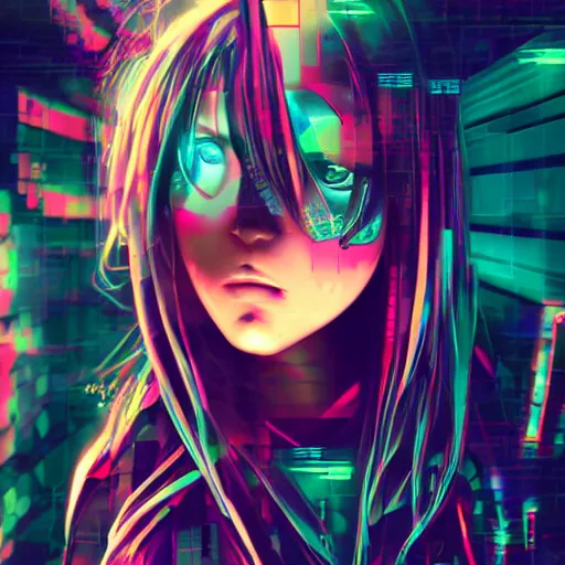 Image similar to cyberpunk anime woman with long hair, glitch art, digital art, EDM, trending on artstation, digital, abstract