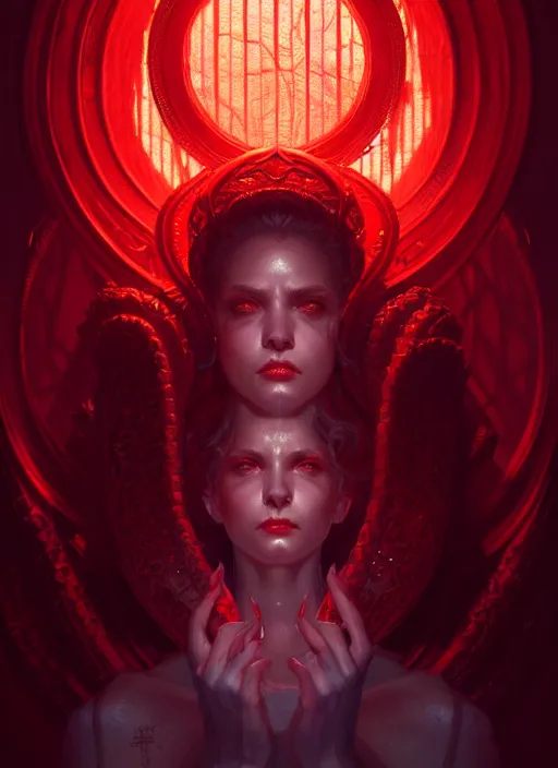 Prompt: portrait of the god of blood and her cultists, intricate, elegant, glowing lights, highly detailed, digital painting, artstation, concept art, smooth, sharp focus, illustration, art by wlop, mars ravelo and greg rutkowski