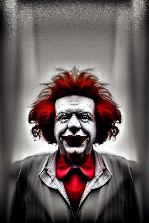 Prompt: DALL·E 2022-07-29 10.19.10 - dramatic portrait of ronald mcdonald in the style of lee jeffries, synthwave digital art, best on artstation