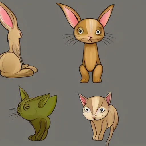 Image similar to a cute mix between a rabbit and a cat, beige, big green eyes, cute, concept art style