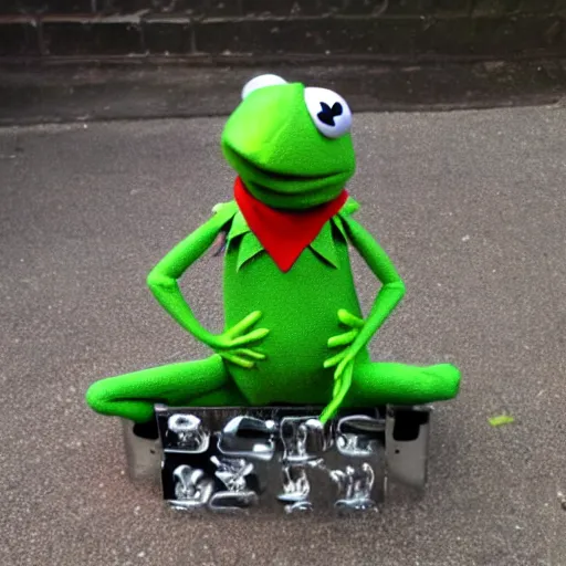 Prompt: kermit the frog made entirely of chrome