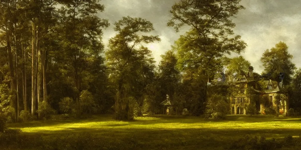 Image similar to landscape of a large victorian manor house in a pine forest, well lit, detailed, cinematic lighting, oil painting