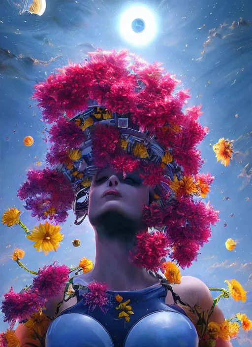 Image similar to An epic fantastic realism comic book style painting of the most beautiful flowers launched into space, bouquets, solar eclipse, fisheye, unreal 5, DAZ, hyperrealistic, octane render, dynamic lighting