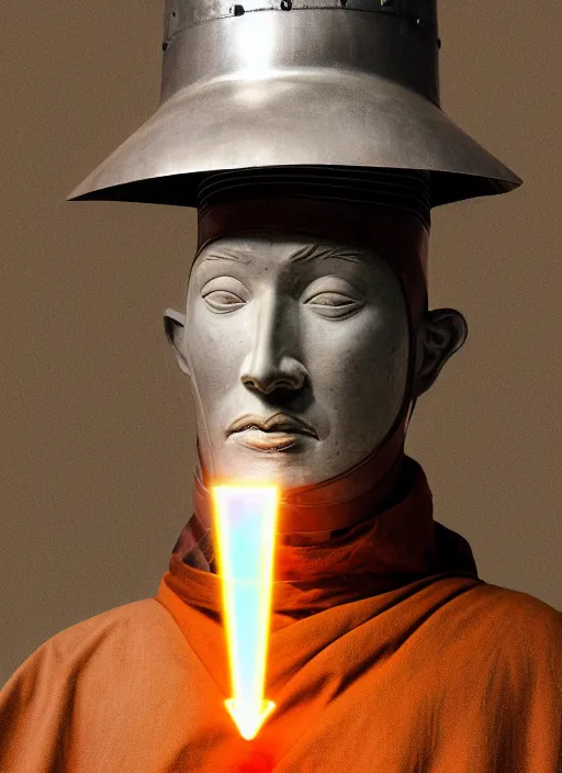 Image similar to realistic photo portrait of a a scientist ritual monk medieval clerical sculpture cone hat helmet made of wood, with plastic details detailed, covered in tesla electricity laser beam aura, sci - fi, greyscale 1 9 9 0, life magazine photo, natural colors,