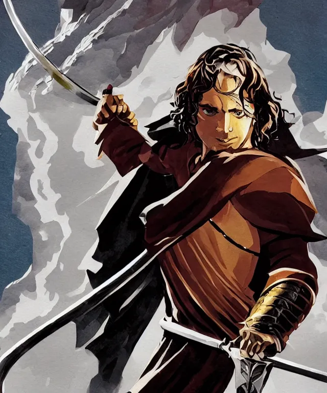 Prompt: a noble young man with a sword in style of game art lord of the rings banner saga ashes of gods frank miller alex ross