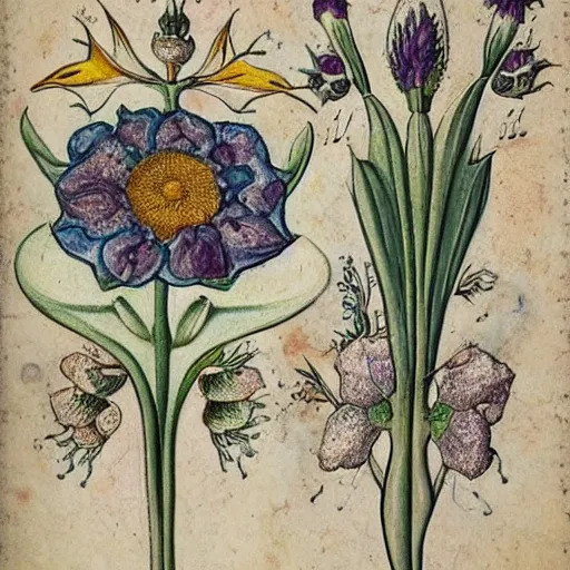 Prompt: detailed flower illustrations from the Voynich manuscript