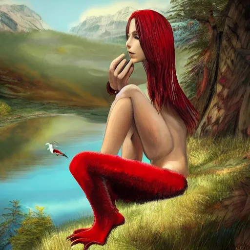 Image similar to Harpy, young woman, red feathered wings, bird legs, wearing Inka clothes, sad expression, sitting at a pond, mountainous area, trees in the background, trending on artstation