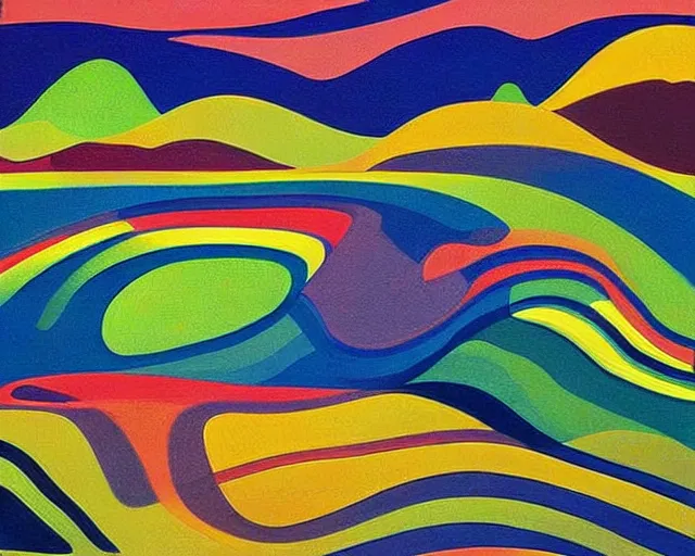 Image similar to A wild, insane, modernist landscape painting. Wild energy patterns rippling in all directions. Curves, organic, zig-zags. Saturated color. Mountains. Clouds. Rushing water. Waves. Sci-fi dream world. Wayne Thiebaud. Lisa Yuskavage landscape.