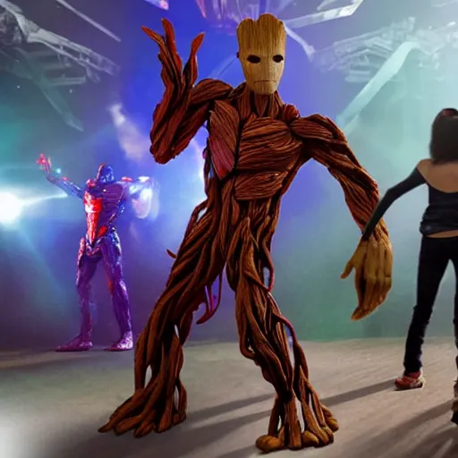 Image similar to groot and optimus prime dancing at techno party among people, wide shoot, after effect, ultra realistic 3 d