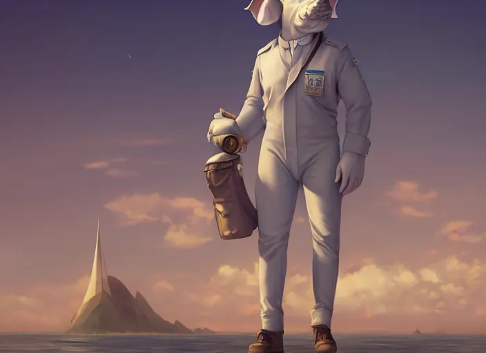 Prompt: character portrait feature of the anthro male anthropomorphic white rhino fursona wearing airline pilot outfit uniform professional pilot character design stylized by charlie bowater, ross tran, artgerm, and makoto shinkai, detailed, soft lighting, rendered in octane, maldives in background