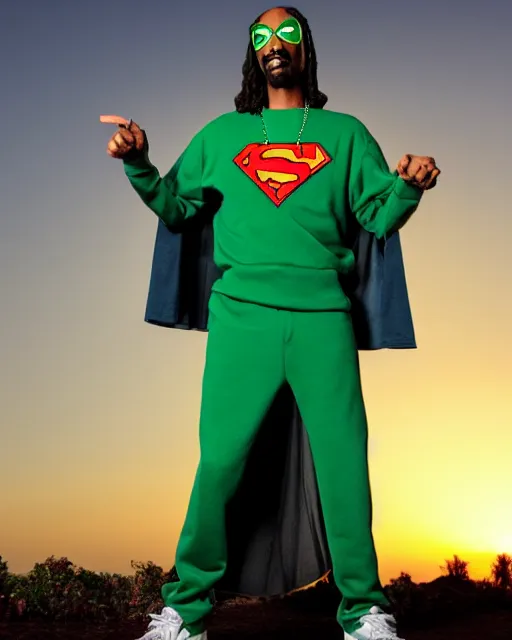 Image similar to snoop Dogg dressed as a green Superman with a marijuana logo, Long Beach background, sunset