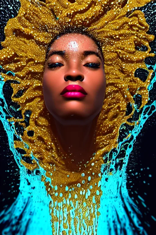 Prompt: hyperrealistic precisionist cinematic super expressive! oshun goddess immersed in water!, mirror dripping droplet, gold ornate jewely, highly detailed face, digital art masterpiece, smooth eric zener cam de leon, dramatic pearlescent turquoise light on one side, low angle uhd 8 k, shallow depth of field