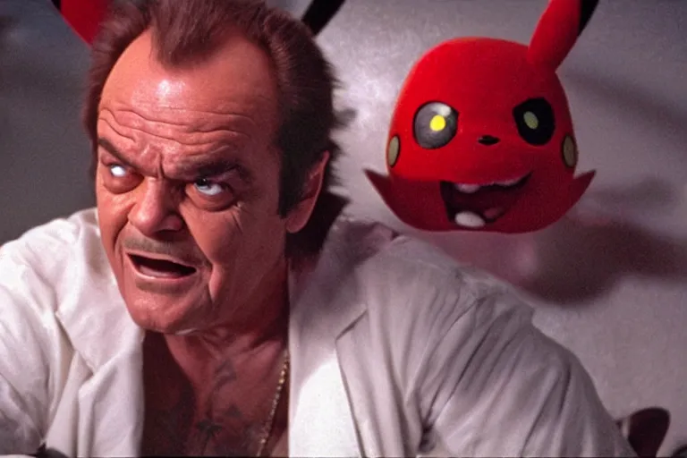 Image similar to Jack Nicholson plays Pikachu Terminator, scene where his inner endoskeleton gets exposed and his eye glows red, still from the film