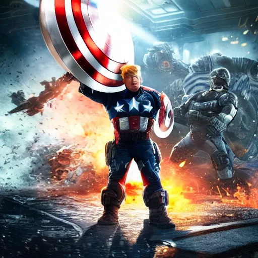 Image similar to Portrait of Donald Trump as captain america in Gears of War, splash art, movie still, cinematic lighting, dramatic, octane render, long lens, shallow depth of field, bokeh, anamorphic lens flare, 8k, hyper detailed, 35mm film grain