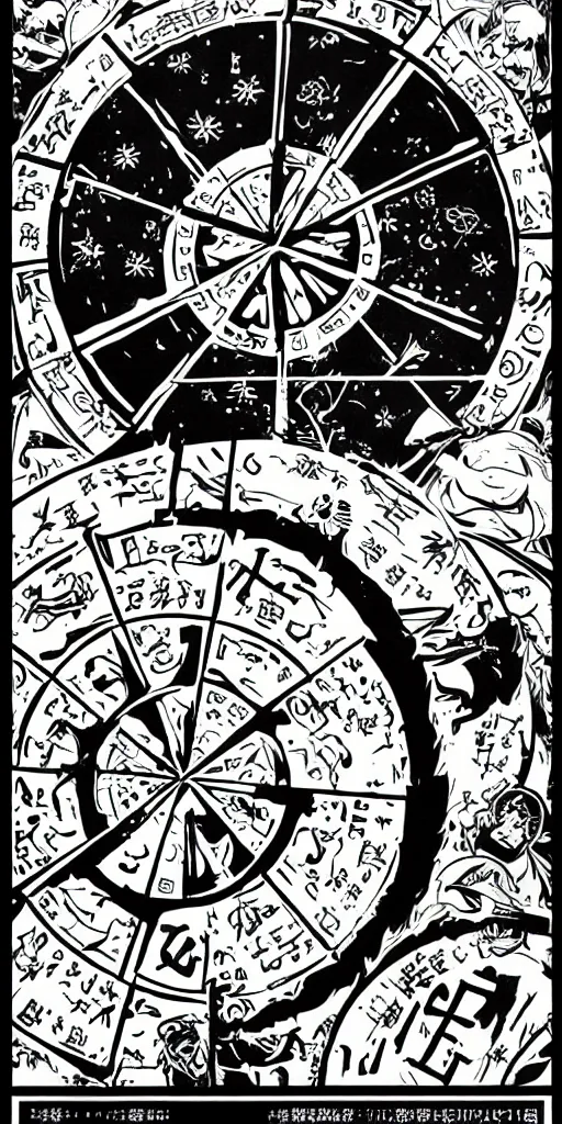 Prompt: Wheel of Fortune tarot card by a famous anime artist, clean and sharp lines, minimalistic, taoist