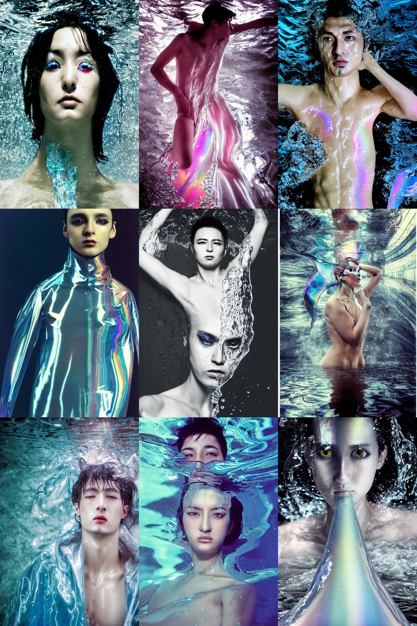 Prompt: Beautiful Sergey Piskunov style seinen manga Fashion photography portrait (1980s) paris flood movie still from underwater scene of masculine dancer, wearing translucent refracting rainbow diffusion wet plastic zaha hadid designed specular highlights raincoat, half submerged in heavy nighttime floods, water to waste, , épaule devant pose;pursed mouth; mercury white;,pixie hair,;oversized emerald eyes;eye contact;,petite nose; by Nabbteeri, ultra realistic, Kodak , 8K, 15mm lens, three point perspective, chiaroscuro, highly detailed, by moma, by Nabbteeri