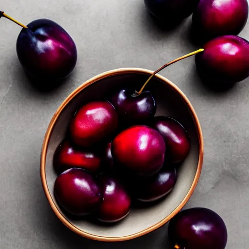 Image similar to photo of a thick porcelain bowl filled with a few moist freshly picked plums on a wooden table. volumetric lighting. 4 k. small scale. realistic. top down.