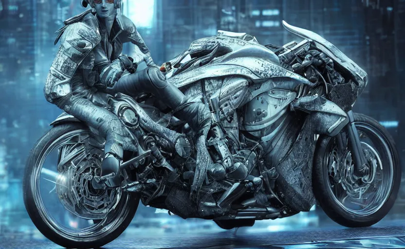 Image similar to Cyberpunk yamaha motorcycle, hyperrealistic mixed media, stunning 3d render inspired art by P. Craig Russell and Barry Windsor-Smith + perfect facial symmetry + dim volumetric lighting, 8k octane beautifully detailed render, post-processing, extremely hyperdetailed, intricate futuristic mechanic parts, epic composition, grim yet sparkling atmosphere, cinematic lighting + masterpiece, trending on artstation