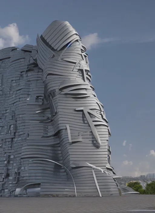 Image similar to highly detailed realistic architecture 3 d render of a futurisctic stele monument in frank gehry style made from atoms standing near a highway, archdaily, made in unreal engine 4 octane render