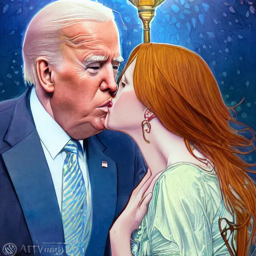 Prompt: donald trump gay kissing joe biden | highly detailed | very intricate | art nouveau | gold filigree | romantic storybook fantasy | soft cinematic lighting | award - winning | disney watercolor illustration by mandy jurgens and alphonse mucha and alena aenami | pastel color palette | featured on artstation