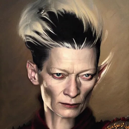 Image similar to ultra realistic portrait painting of tilda swinton as geralt of rivia, art by frank frazetta, 4 k, ultra realistic, highly detailed, epic lighting