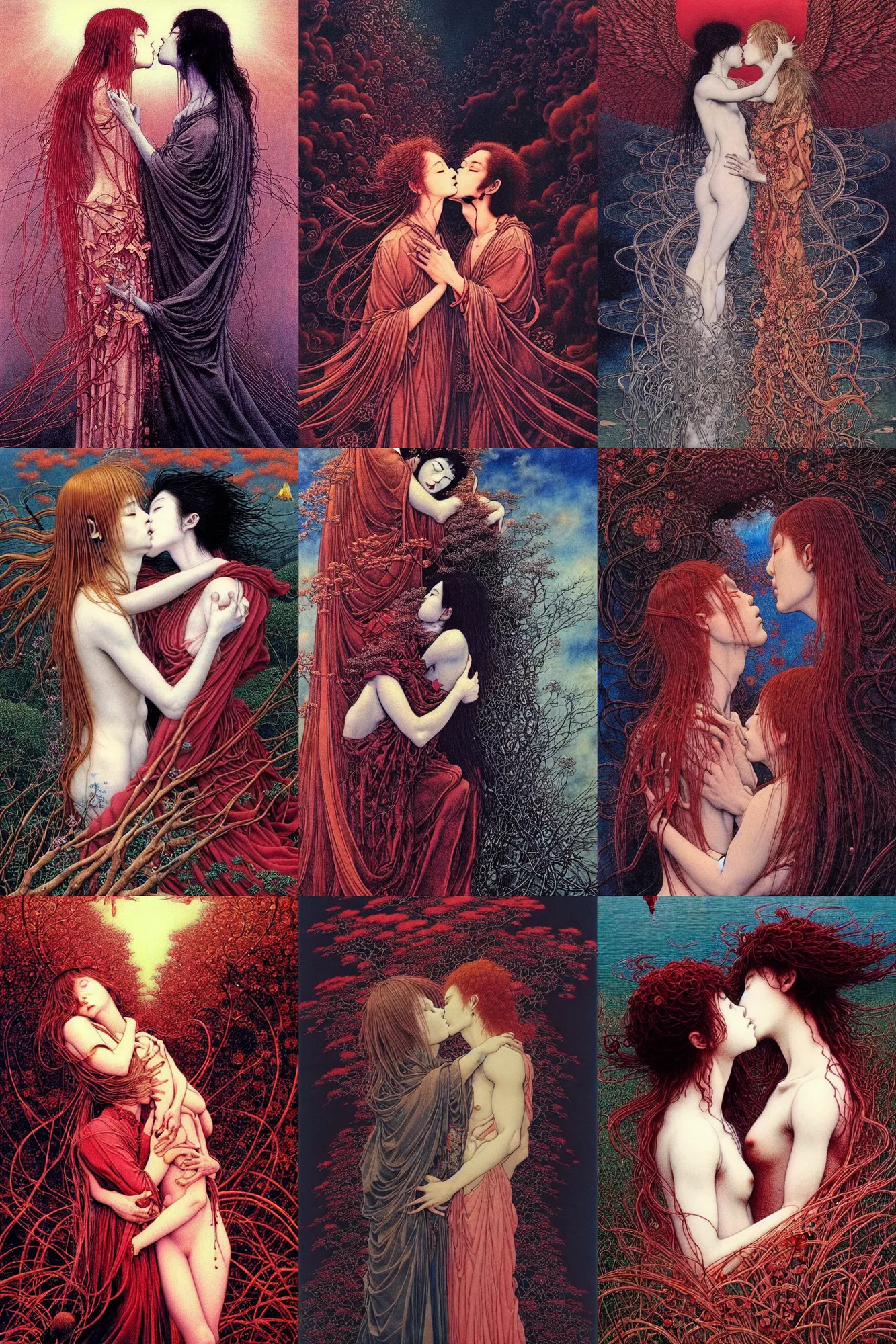 Prompt: realistic detailed image of attractive beautiful angels passionately kissing and hugging in heaven by Ayami Kojima, Amano, Takato Yamamoto. Neo-Gothic, gothic, rich deep colors. masterpiece. Beksinski painting. still screenshot from 2021 movie by Terrence Malick and Gaspar Noe