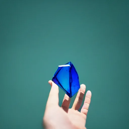 Prompt: a picture of a hand holding a blue shard of glass