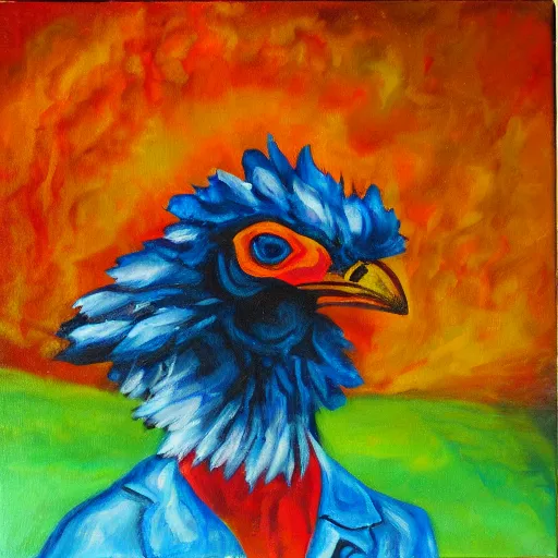 Prompt: the funky chicken accuses you of witchcraft, oil painting