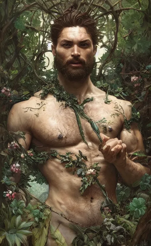 Image similar to god of the forest, 3 0 years old, rugged, male, gorgeous, detailed face, amazing, thighs!!!!!!, flowers, muscular, intricate, highly detailed, digital painting, artstation, concept art, sharp focus, illustration, art by greg rutkowski and alphonse mucha