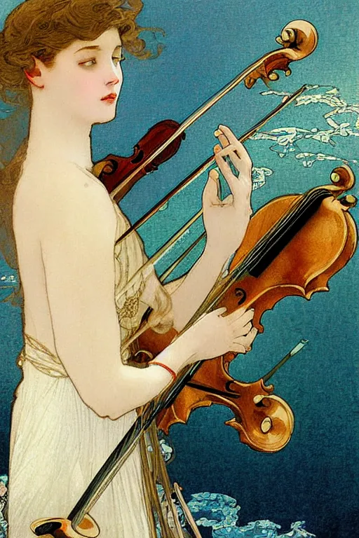 Prompt: beautiful mystical digital painting girl playing a violin wearing a long white dress over a wavy ocean by mucha tarot card vivid