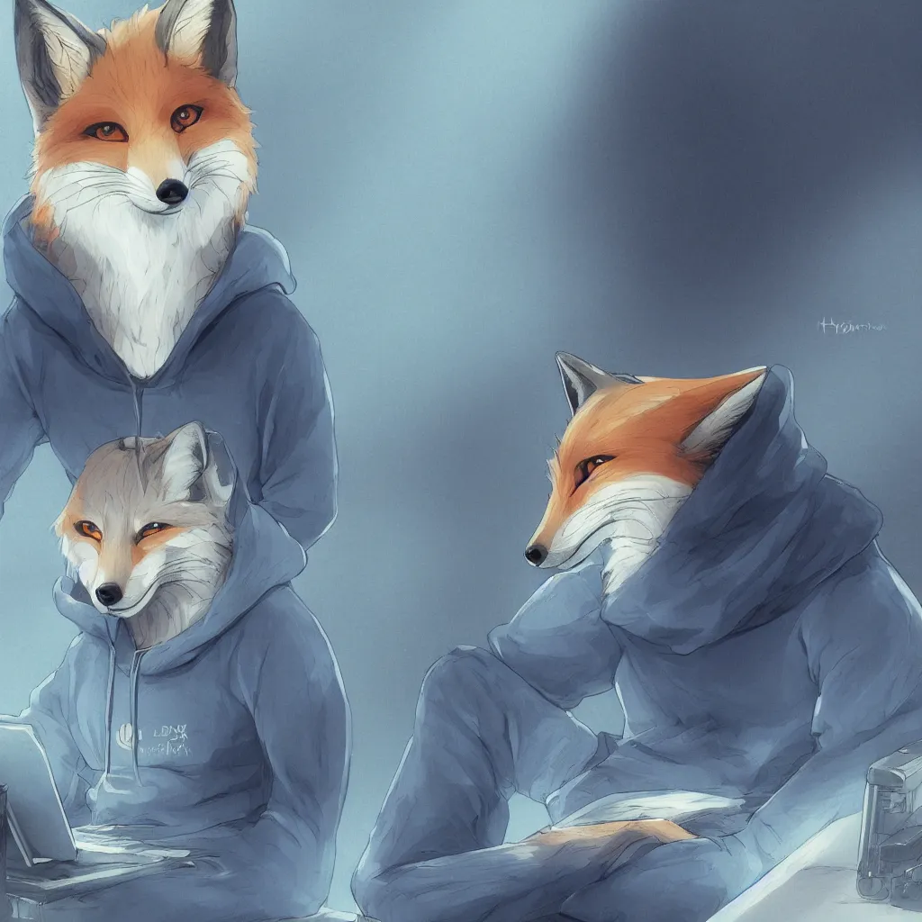 Prompt: an anthropomorphic fox in a blue hoodie sitting in front of the computer, dark tones, concept art, digital art, highly detailed, anime, by hayao miyazaki