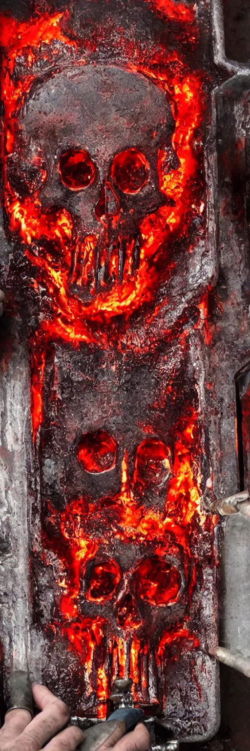 Image similar to molten red hot metal being poured into a mold in the shape of a punisher skull emblem. background is firey foundry. detailed, high art, intricate, artisan