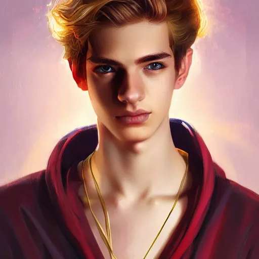 Image similar to colorful Captivating teenage boy with brown blond hair and facial structure like andrew garfield, brown eyes with red eye markers, slim body, wearing a detailed Japanese kimono with golden details, atmospheric lighting, painted, intricate, 4k, highly detailed by Charlie Bowater