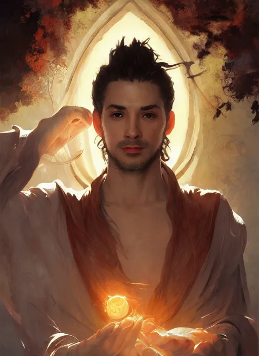 Prompt: character concept portrait of an attractive young focused Spanish wizard with pale orange skin enchanting a blazing spell, a floating iridescent spell book in the center, intricate, elegant, digital painting, concept art, smooth, sharp focus, illustration, from Metal Gear, by Ruan Jia and Mandy Jurgens and William-Adolphe Bouguereau, Artgerm