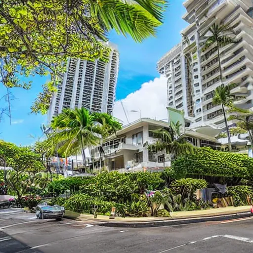 Prompt: a luxurious mecha house in Kalakaua Avenue in Waikiki floating on a cotton candy cloud , lush sakura season,