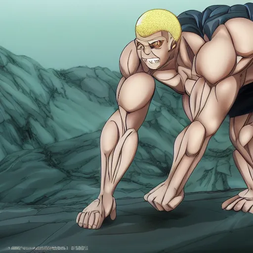 Image similar to a crawling mountain of muscles, highly detailed, anime, pale colors, award winning pictures, by studio mappa, by studio wit