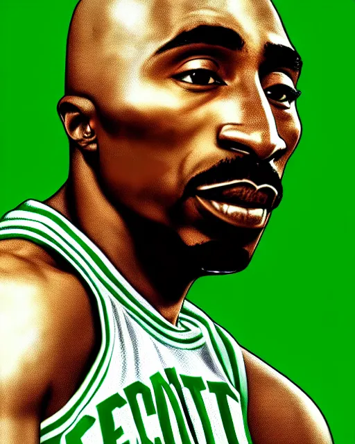 Image similar to portrait of tupac shakur, boston celtics jersey number 3 4, green, white, cartoon digital art, oil on canvas, trending on artstation, octane render