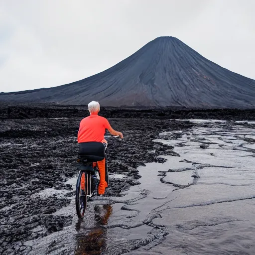 Prompt: elderly man on an aqua bike in a lava flow, volcano, eruption, magma, lava, canon eos r 3, f / 1. 4, iso 2 0 0, 1 / 1 6 0 s, 8 k, raw, unedited, symmetrical balance, wide angle