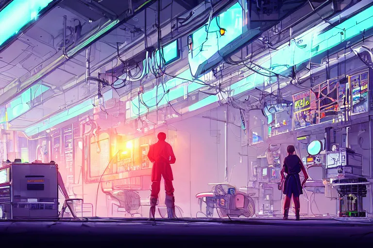 Image similar to detailed robot repair shop, broken robot on ground, broken parts, androids, science-fiction, cyberpunk, neon lights, mist, cables, computer screens, girl working, windows, epic scene, 8k, illustration, art by ghibli and moebius