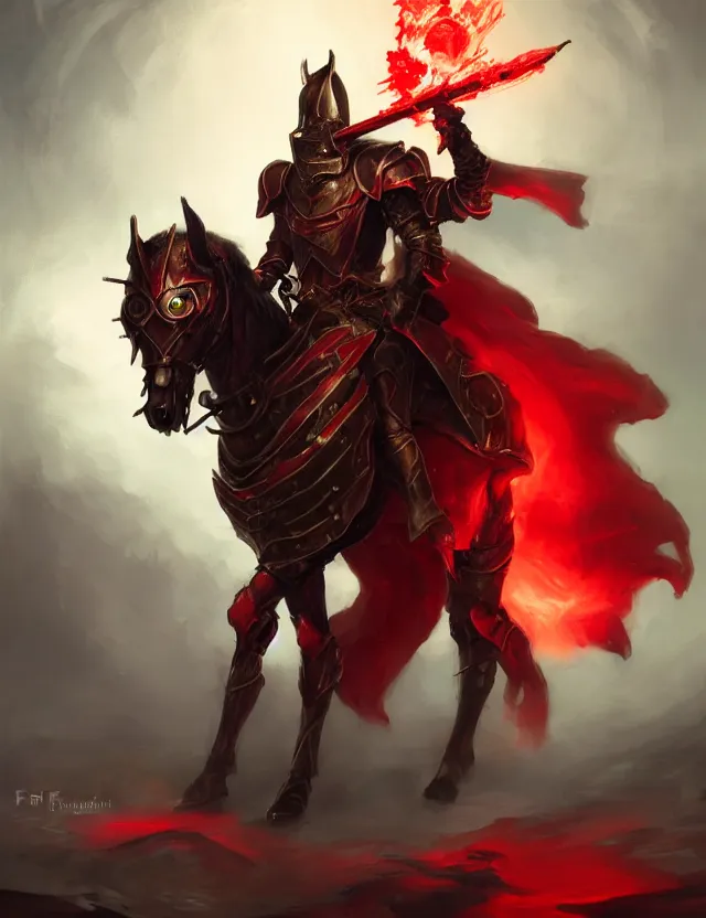 Prompt: a masked knight in crimson armour mounted on a spectral horse, holding a glowing red battle staff, by frank fazetta and peter mohrbacher, trending on artstation, digital art, 4 k resolution, detailed, high quality, hq artwork, coherent, insane detail, concept art, character concept, character full body portrait