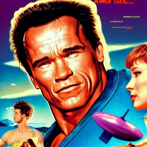 Prompt: vaporwave stylized movie poster by Drew Struzan for the movie 'Breakfast' staring Arnold Schwarzenegger, released in 1986