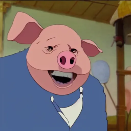 Image similar to viktor orban as a pig in a studio ghibli movie, screenshot