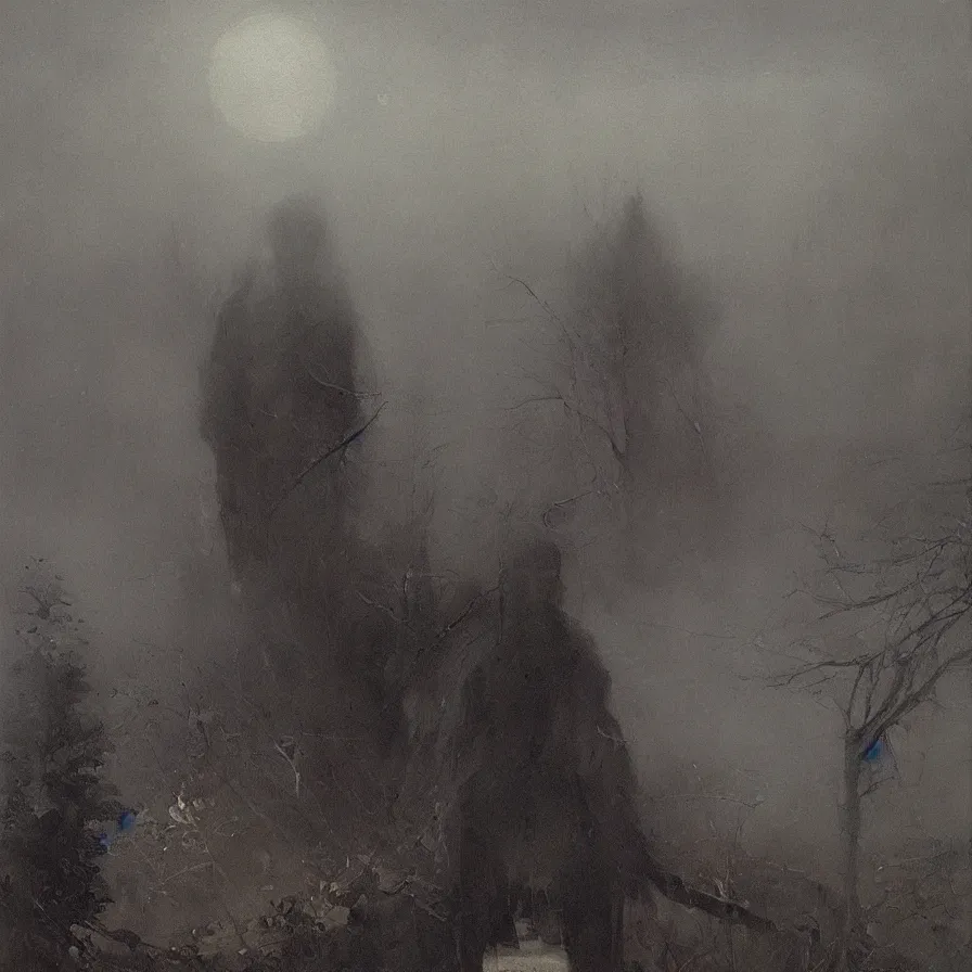 Prompt: artwork about a sad sphere - headed character, by viktor vasnetsov. atmospheric ambiance. depth of field and tridimensional perspective. foggy.