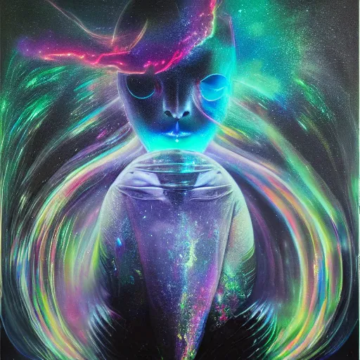 Prompt: psychic link between two beings in love, iridescent glitter liquid metal, space, nebula, marble, dark black background, neon glow, by mohrbacher and dali